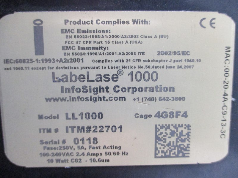 INFOSIGHT CORPORATION LABELASE LL1000 100-240VAC 2.4A UNMP