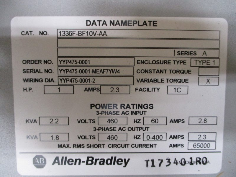 ALLEN BRADLEY 1336F-BF10V-AA SER. A 460VAC 2.8A NSNP