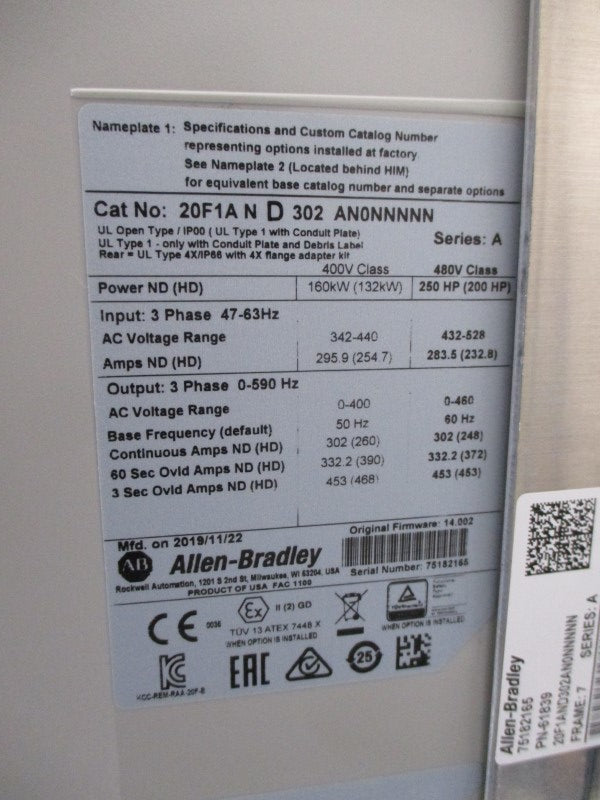 ALLEN BRADLEY 20F1AND302AN0NNNNN SER. A F/W 14.002 480VAC 302A NSMP