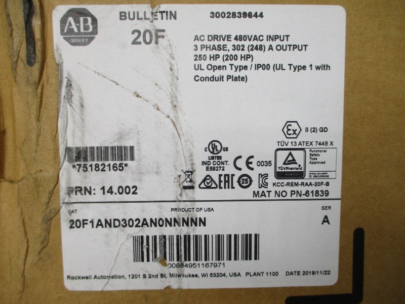 ALLEN BRADLEY 20F1AND302AN0NNNNN SER. A F/W 14.002 480VAC 302A NSMP