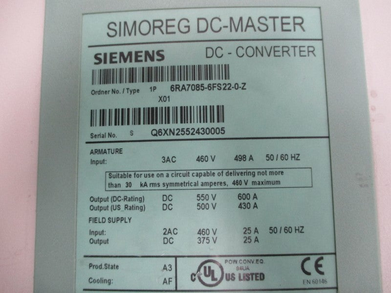 SIEMENS 6RA7085-6FS22-0-Z 460VDC 498A UNMP