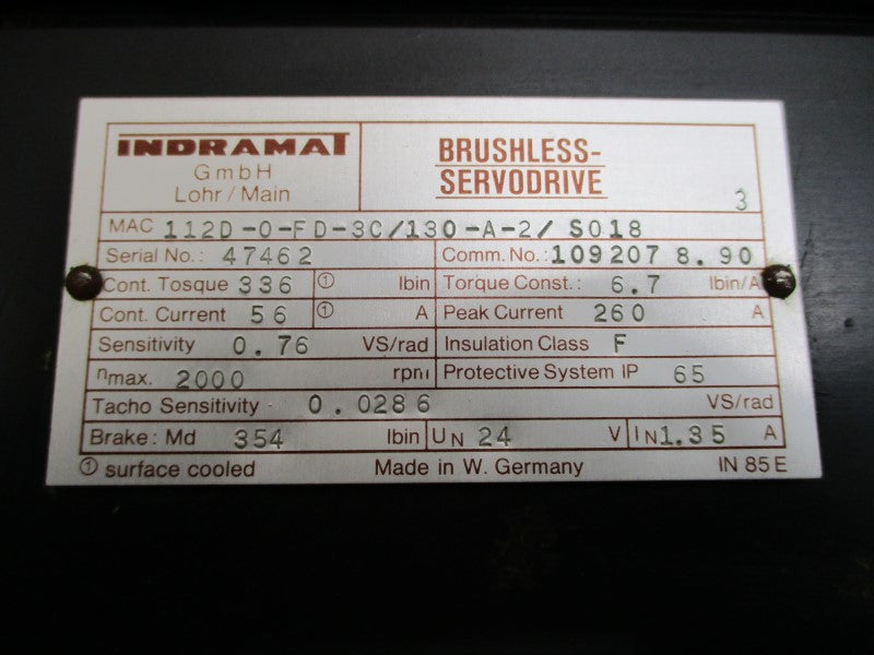 INDRAMAT MAC112D-0-FD-3C/130-A-2/S018 24V 260A NSMP