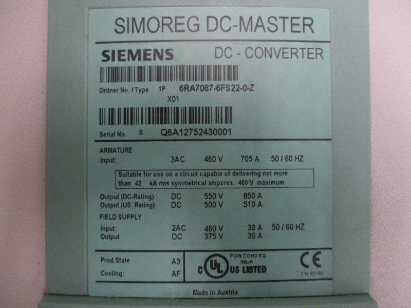 SIEMENS 6RA7087-6FS22-0-Z 460VDC 705A UNMP