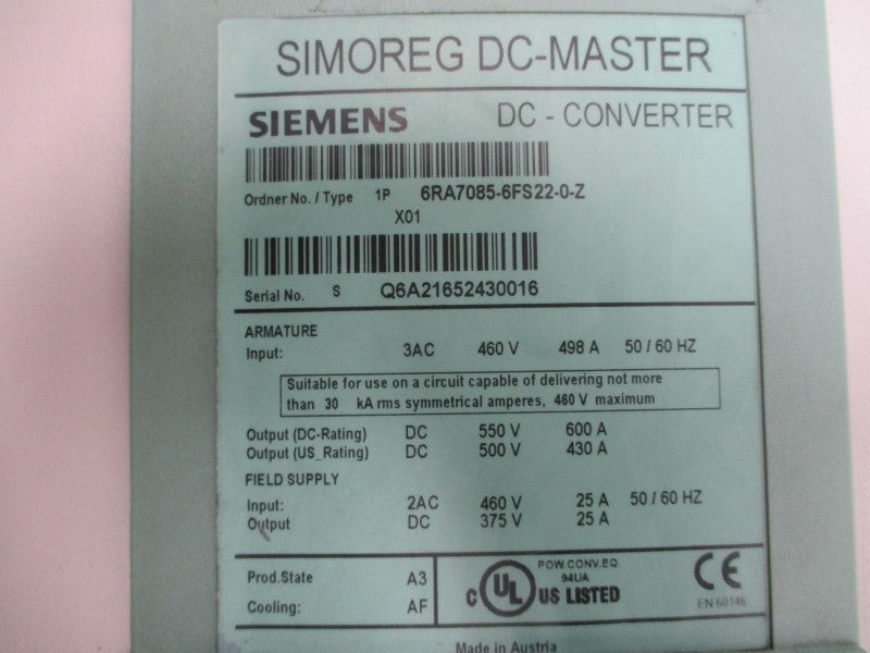 SIEMENS CONVERTER 6RA7085-6FS22-0-Z 460VDC 498A UNMP