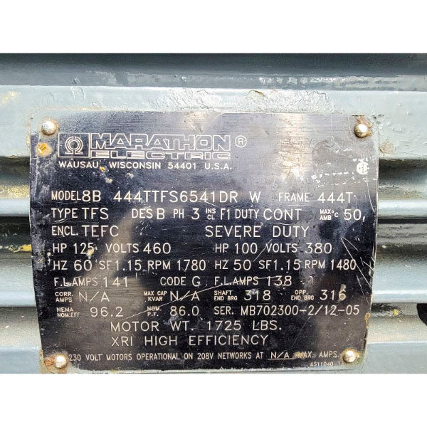 MARATHON ELECTRIC 444TTFS6541DRW 460V 141A (AS PICTURED) NSNP
