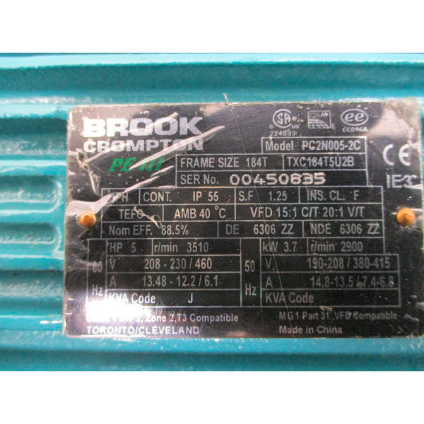BROOK CROMPTON PC2N005-2C TXC184T5U2B 208-230/460V 13.48-12.2/6.1A NSMP