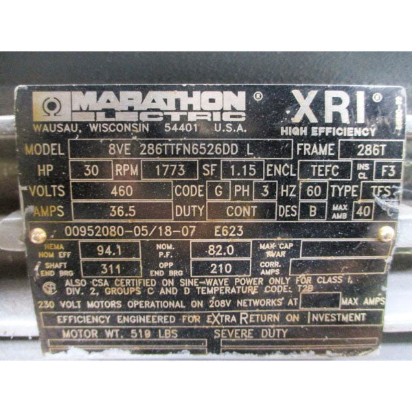 MARATHON ELECTRIC 8VE286TTFN6526DDL 460V 36.5A REMAN