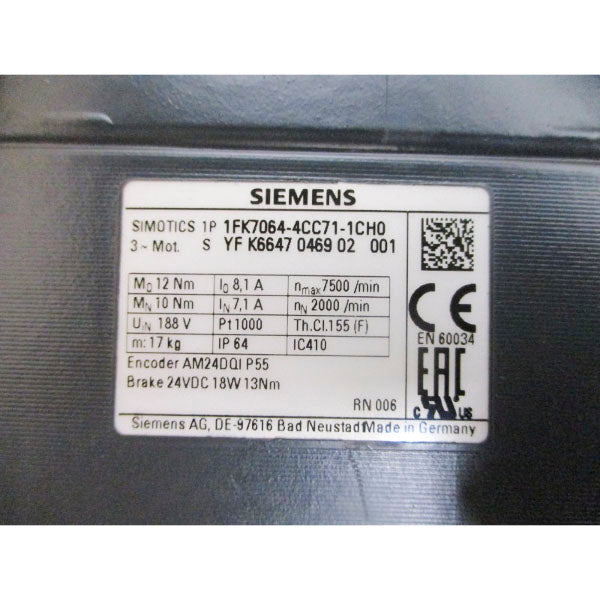 SIEMENS 1FK7064-4CC71-1CH0 188V 8.1/7.1A NSMP