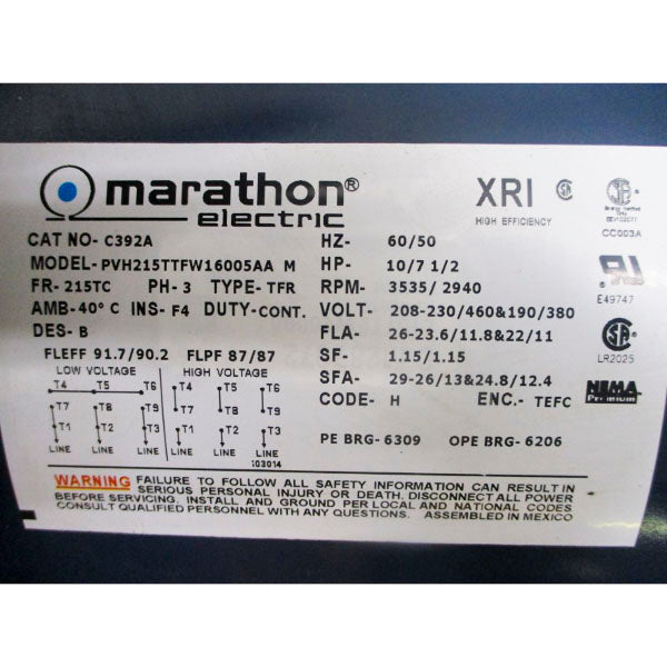 MARATHON ELECTRIC PVH215TTFW16005AAM C392A 208-230/460V 26-23.6/11.8A NSNP