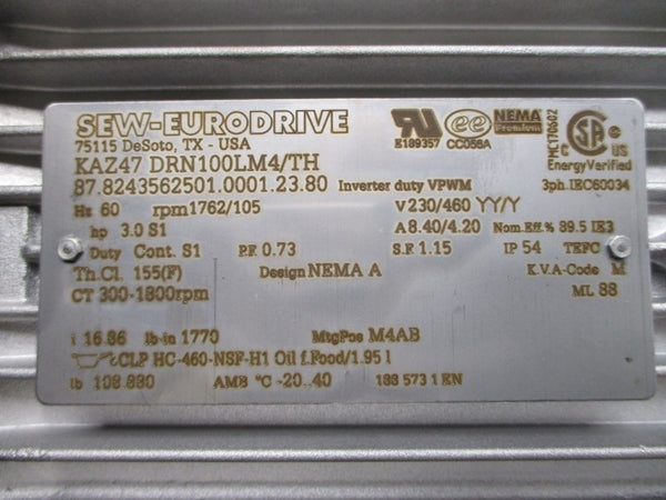 SEW-EURODRIVE KAZ47DRN100LM4/TH 230/460V 8.40/4.20A NSNP