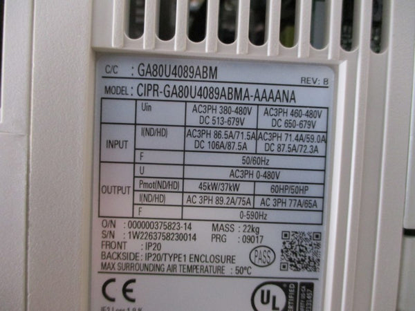 YASKAWA CIPR-GA80U4089ABMA-AAAANA 380-480VAC 86.5/71.5A NSNP