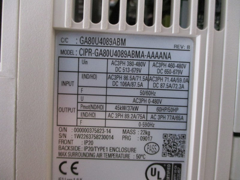 YASKAWA CIPR-GA80U4089ABMA-AAAANA 380-480VAC 86.5/71.5A NSNP