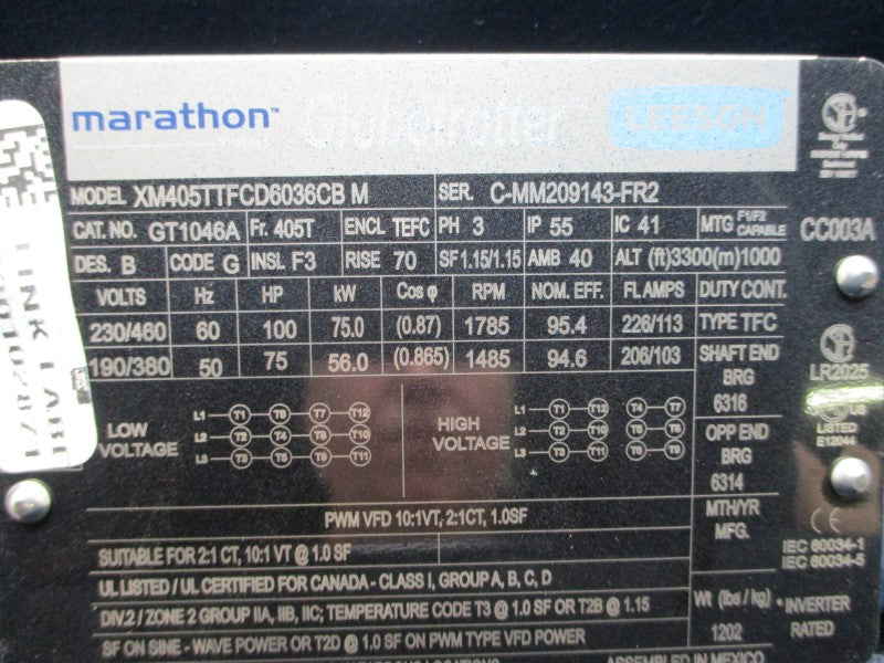 MARATHON XM405TTFCD6036CBM GT1046A 230/460V 226/113A NSNP