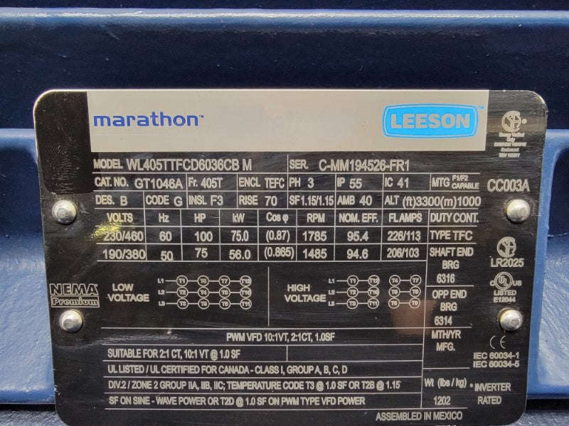 MARATHON WL405TTFCD6036CBM GT1046A 230/460V 226/113A NSNP