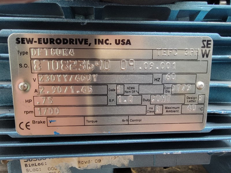 SEW-EURODRIVE DFT80K4 SA62DT80K4BM61HR-KS 230/460V 2.90/1.45A NSNP