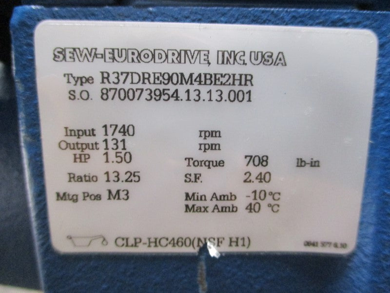 SEW-EURODRIVE R37DRE90M4BE2HR 230/460V 4.50/2.25A NSNP