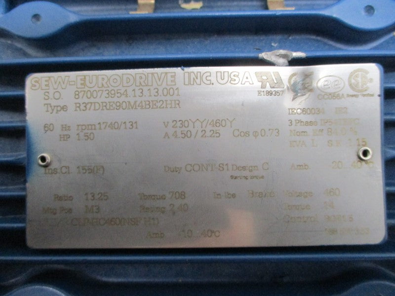 SEW-EURODRIVE R37DRE90M4BE2HR 230/460V 4.50/2.25A NSNP