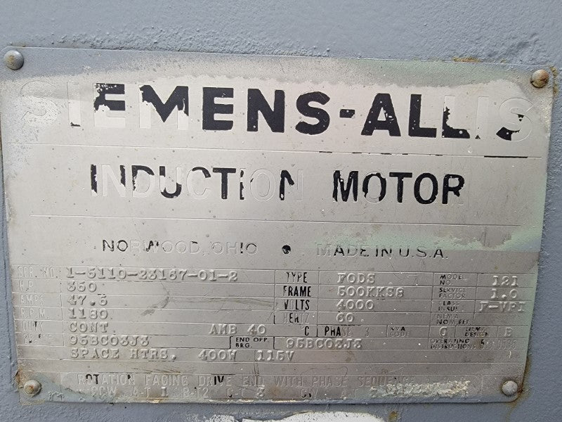 SIEMENS-ALLIS FODS 350 HP 1180 RPM 121 4000V 47.5A NSNP