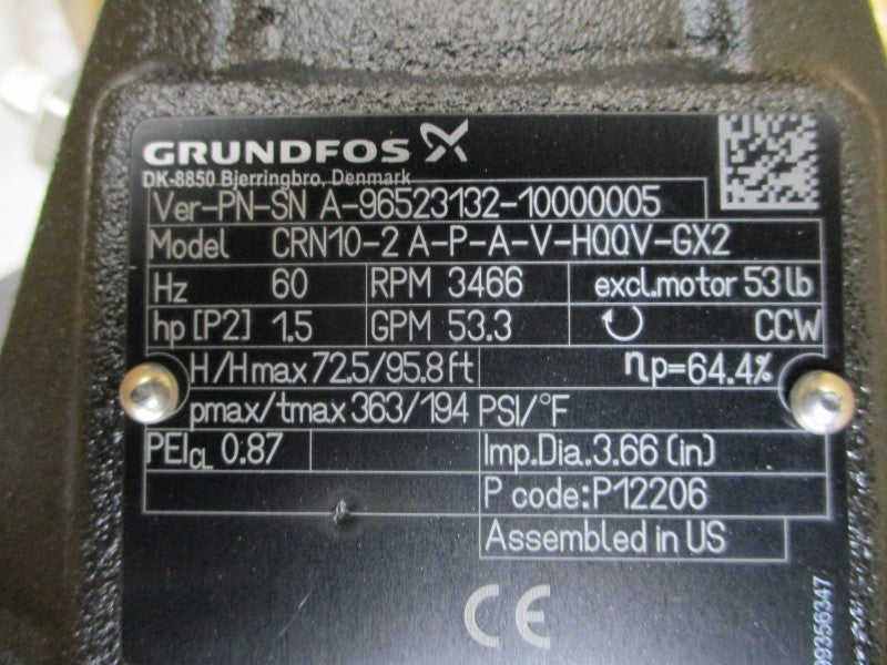GRUNDFOS CRN10-2 A-P-A-V-HQQV-GX2 W/ BALDOR 84Z04051 208-230/460V 4.3-4/2A NSMP