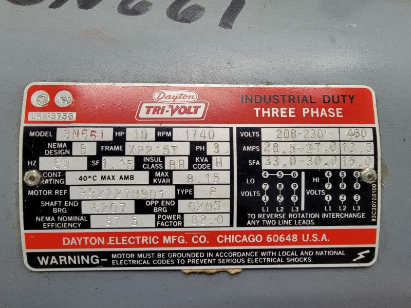 DAYTON 3N661 208-230/460V 28.5-27.0/13.5A UNMP