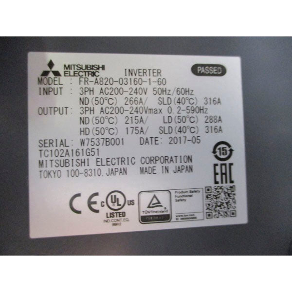 MITSUBISHI ELECTRIC FR-A820-03160-1-60 200-240VAC 266A NSMP