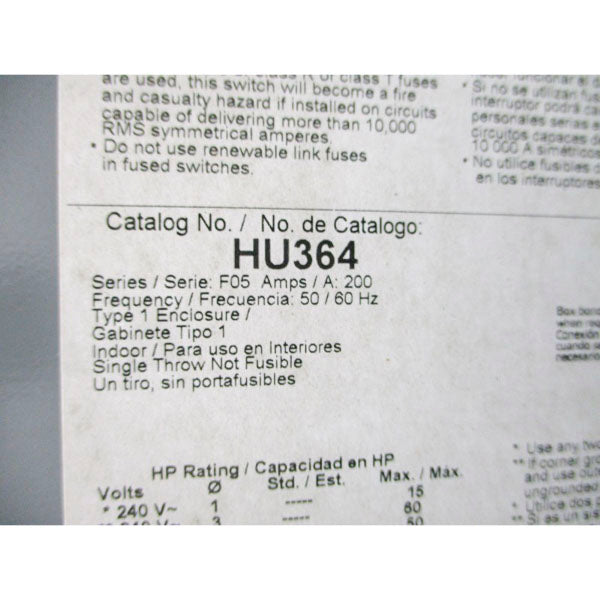 SQUARE D HU364 SER. F05 600V 200A NSMP