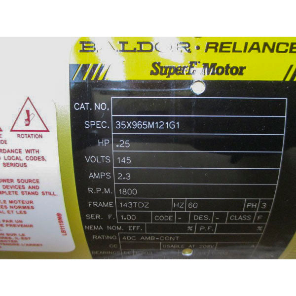 BALDOR RELIANCE 35X965M121G1 143TDZ .25 HP RPM 1800 145V 2.3A NSMP
