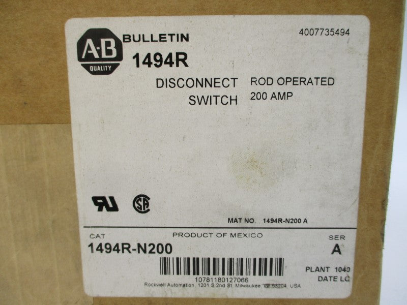 ALLEN BRADLEY 1494R-N200 SER. A 600V 200A (BR/WH) NSMP