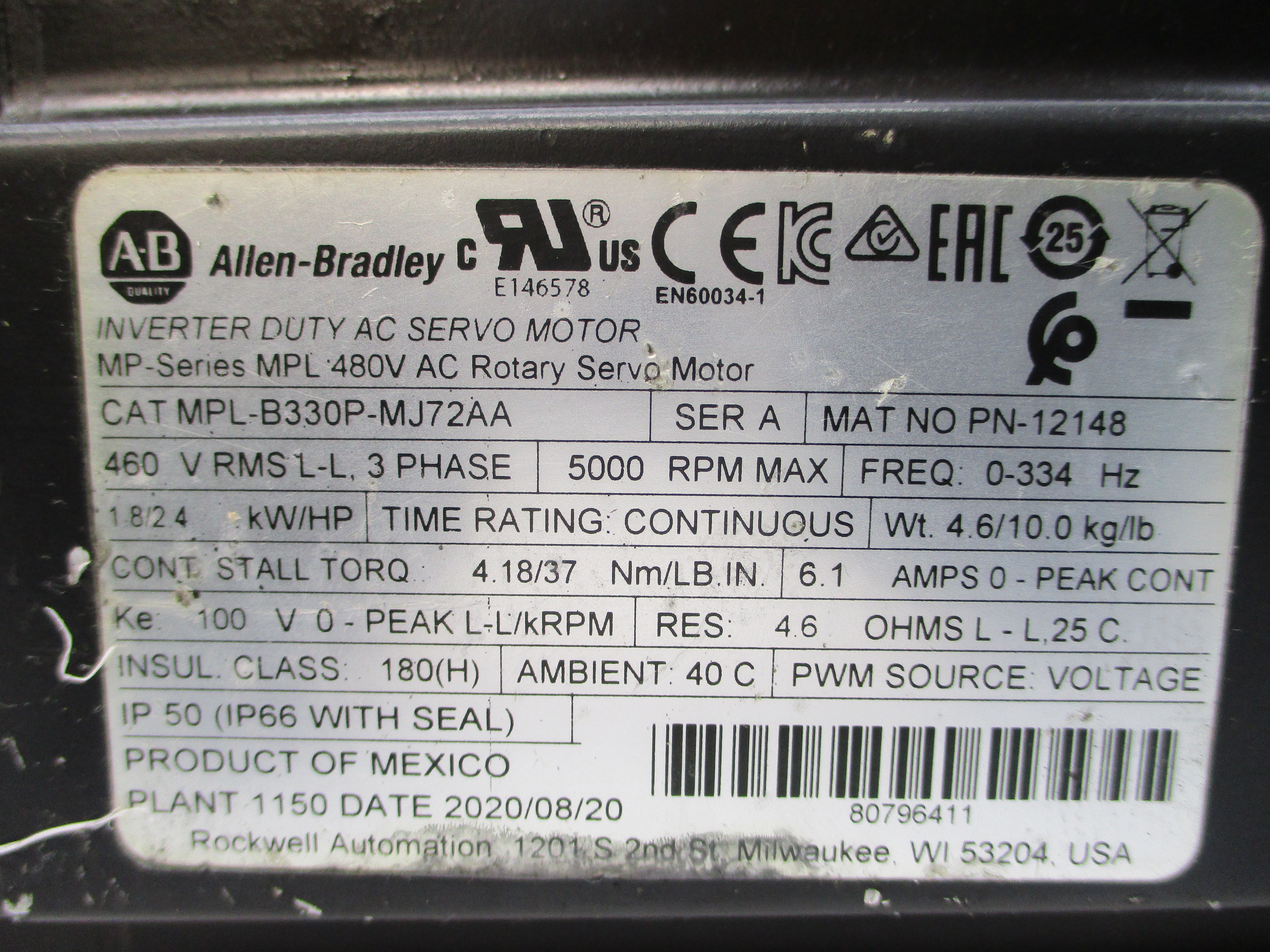 ALLEN BRADLEY MPL-B330P-MJ72AA SER. A 460VAC 6.1A UNMP