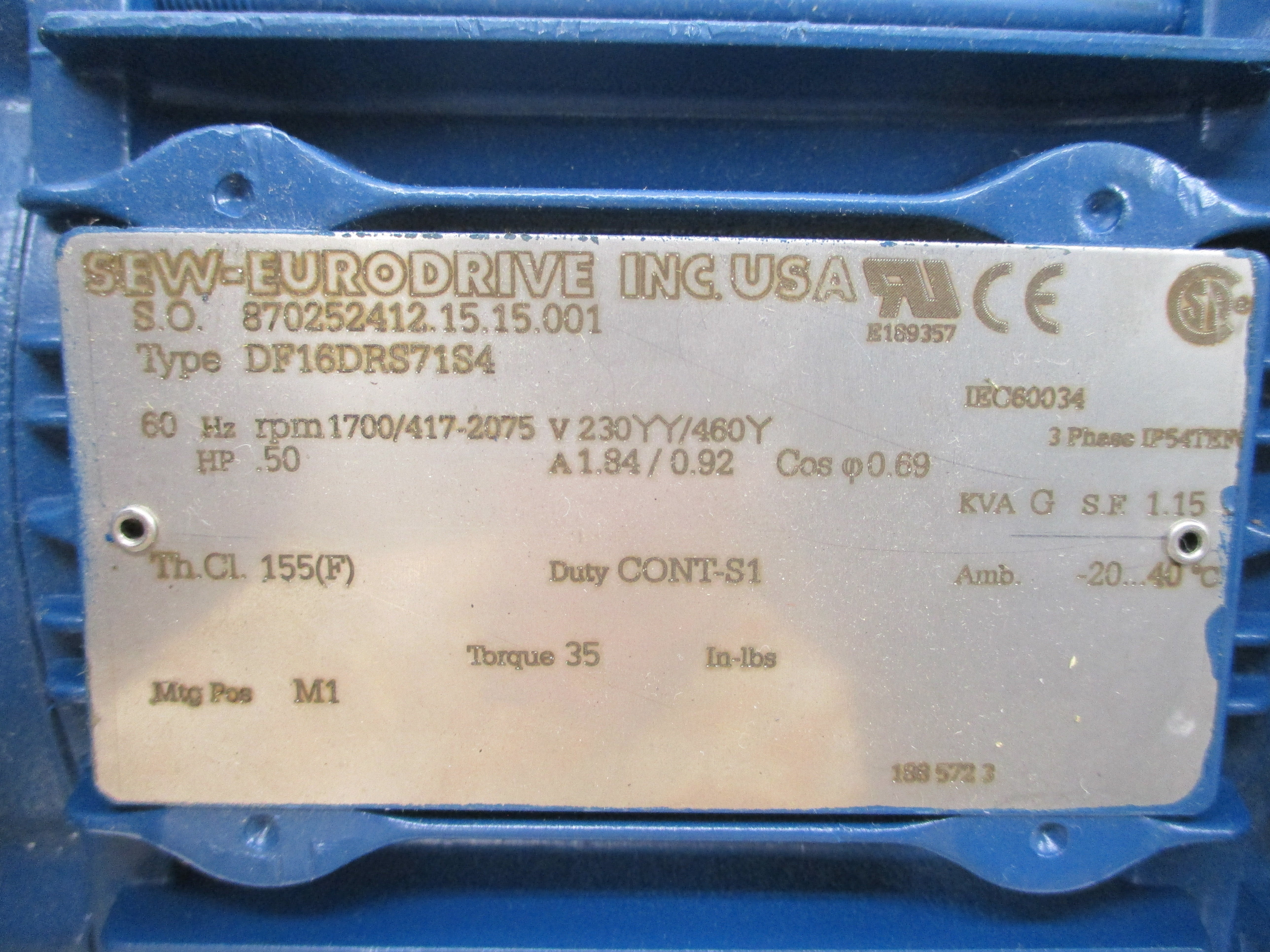 SEW-EURODRIVE DF16DRS71S4 230/460V 1.84/0.92A NSNP
