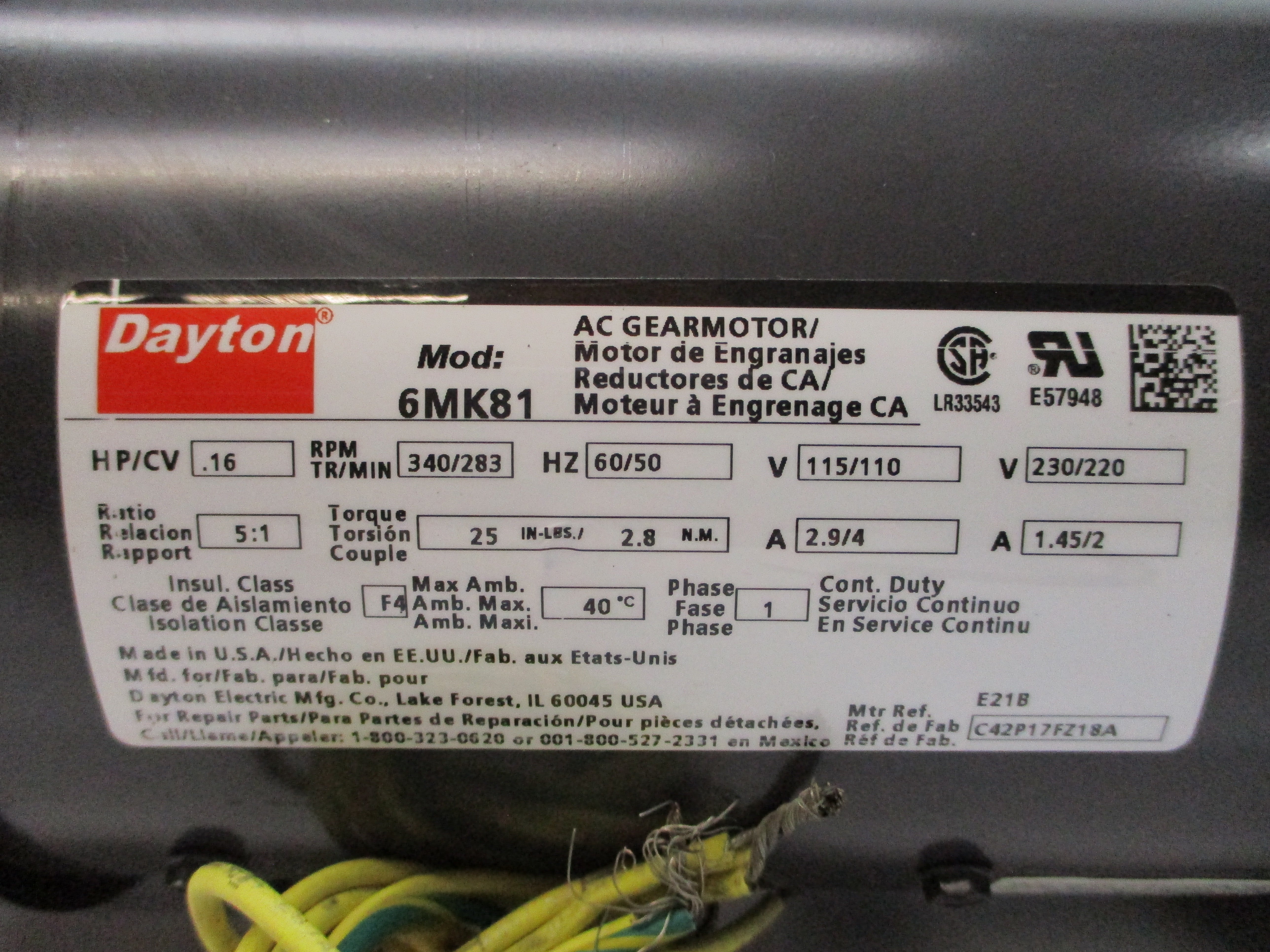 DAYTON 6MK81 230/220VAC 2.9/4A NSNP