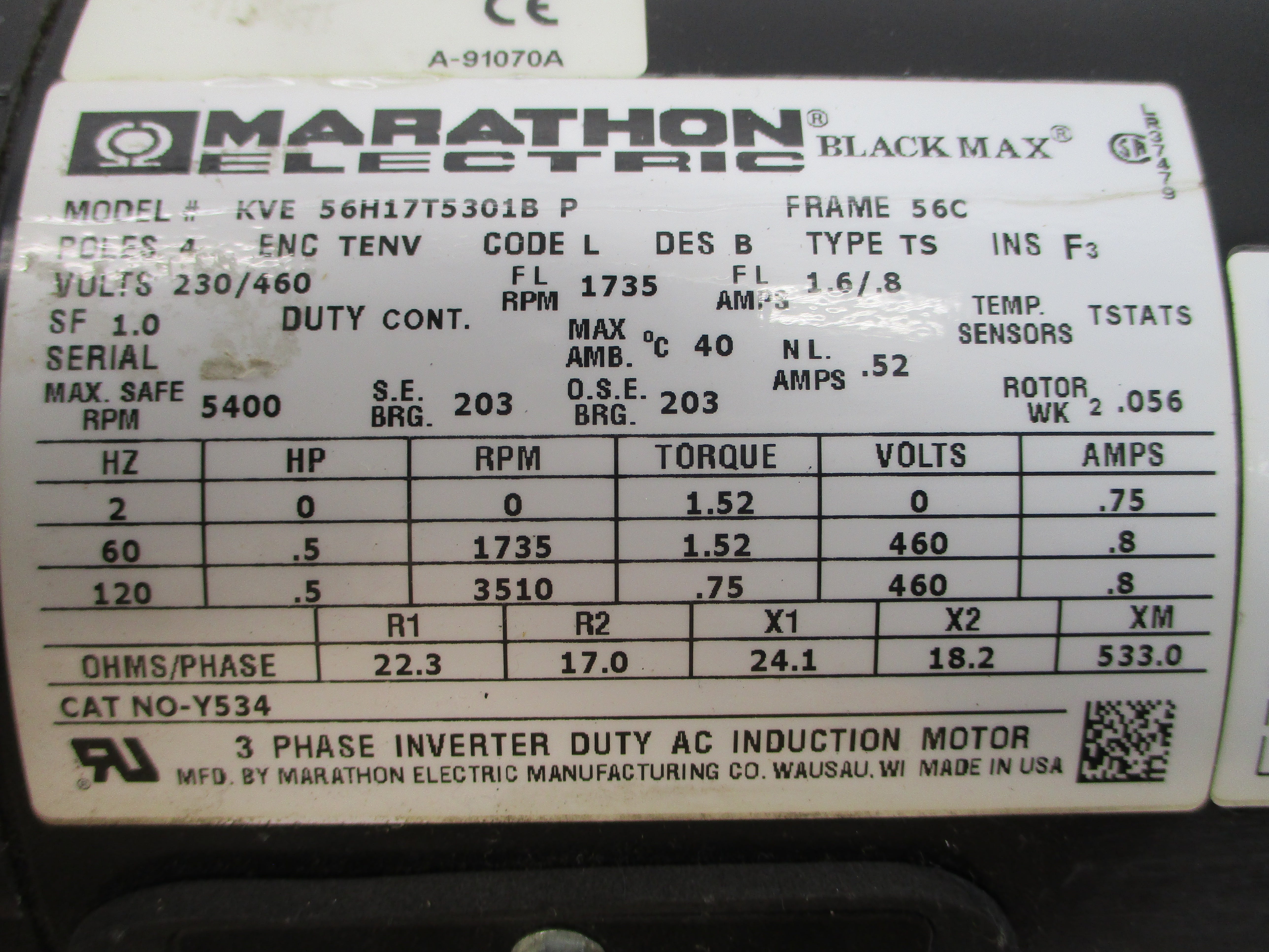 MARATHON ELECTRIC 56H17T5301B 230/460VAC 1.6/.8A NSNP