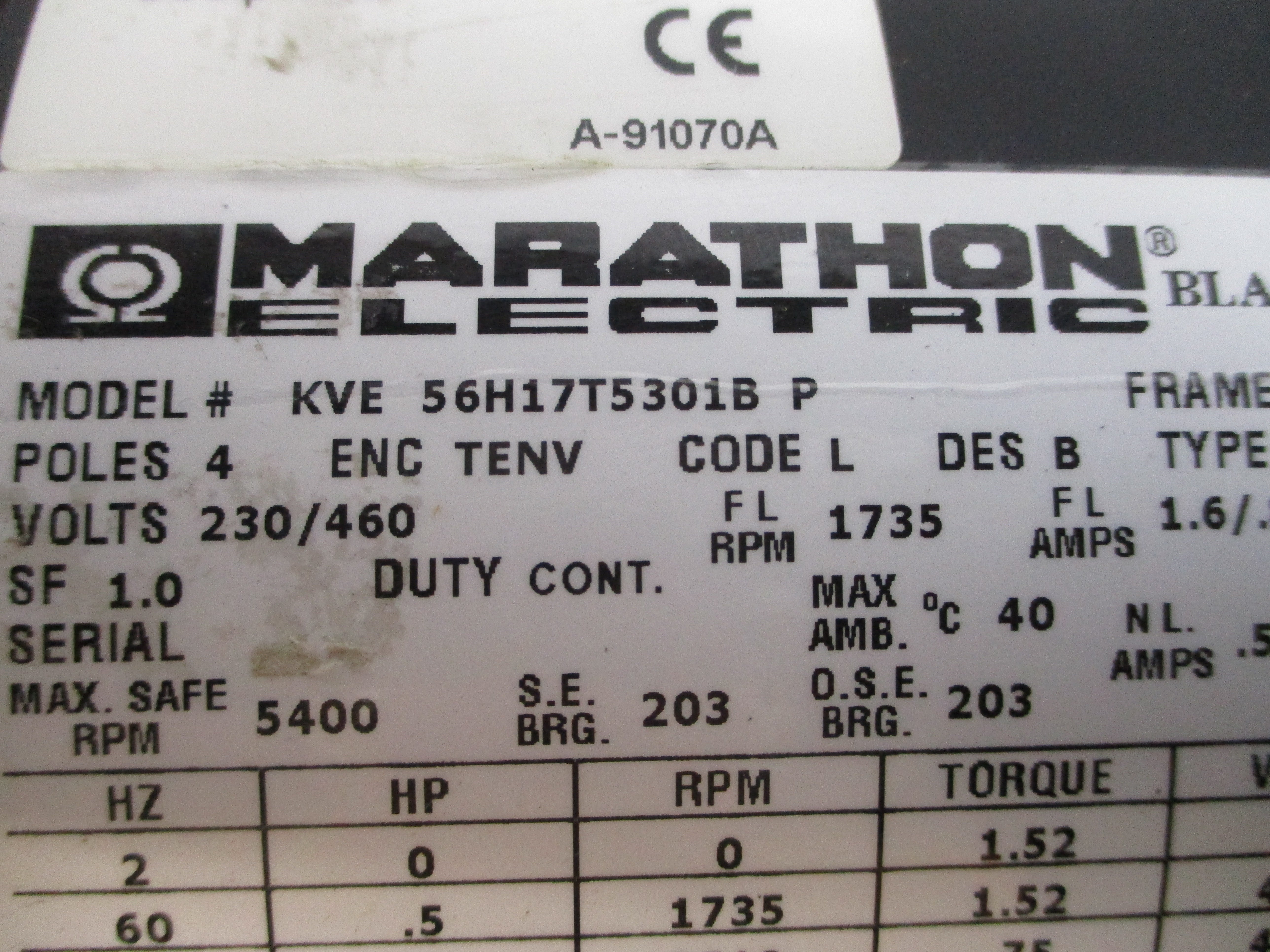 MARATHON ELECTRIC 56H17T5301B 230/460VAC 1.6/.8A NSNP