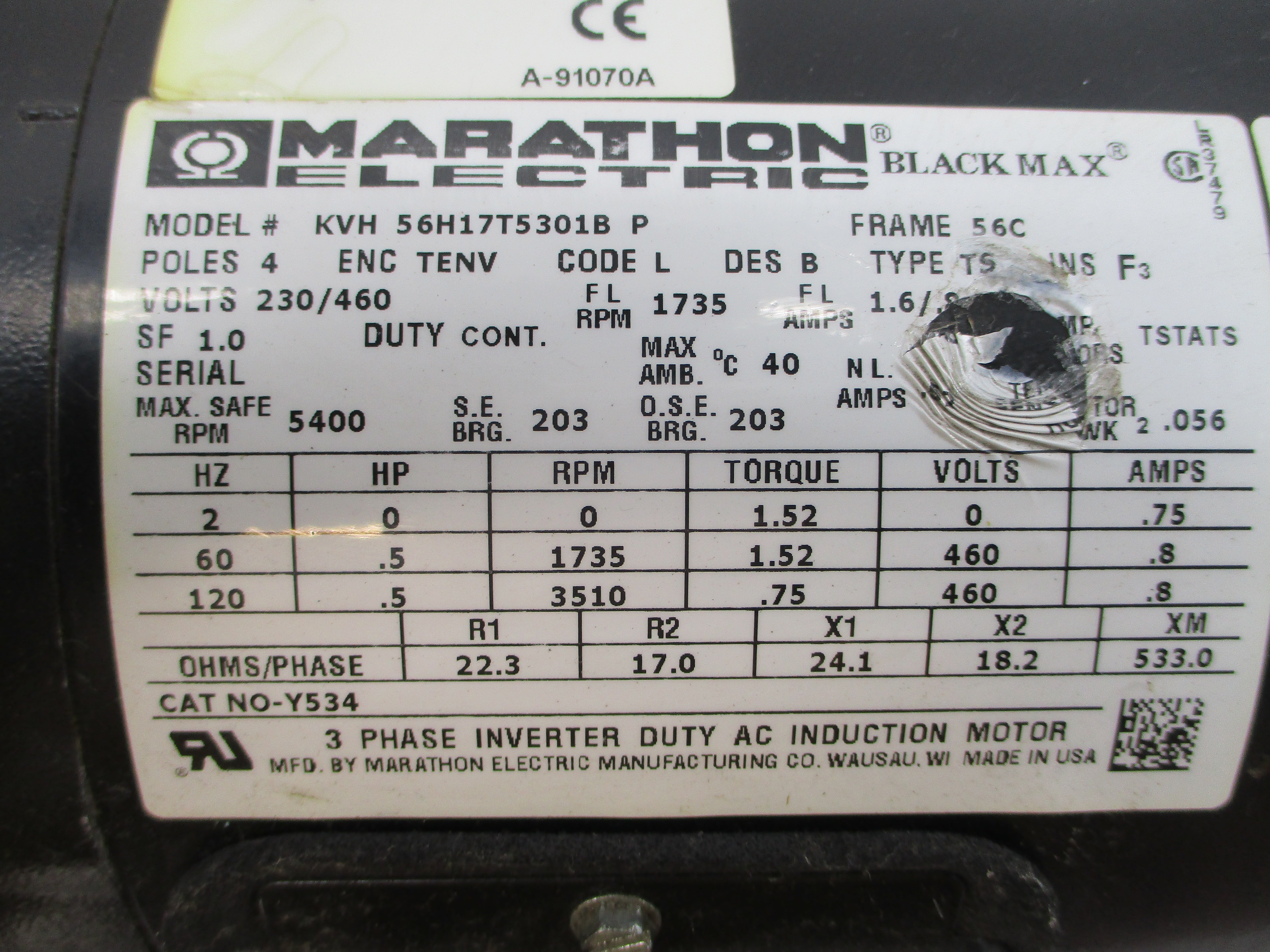 MARATHON ELECTRIC 56H17T5301B 230/460VAC 1.6/.8A (AS PICTURED) NSNP