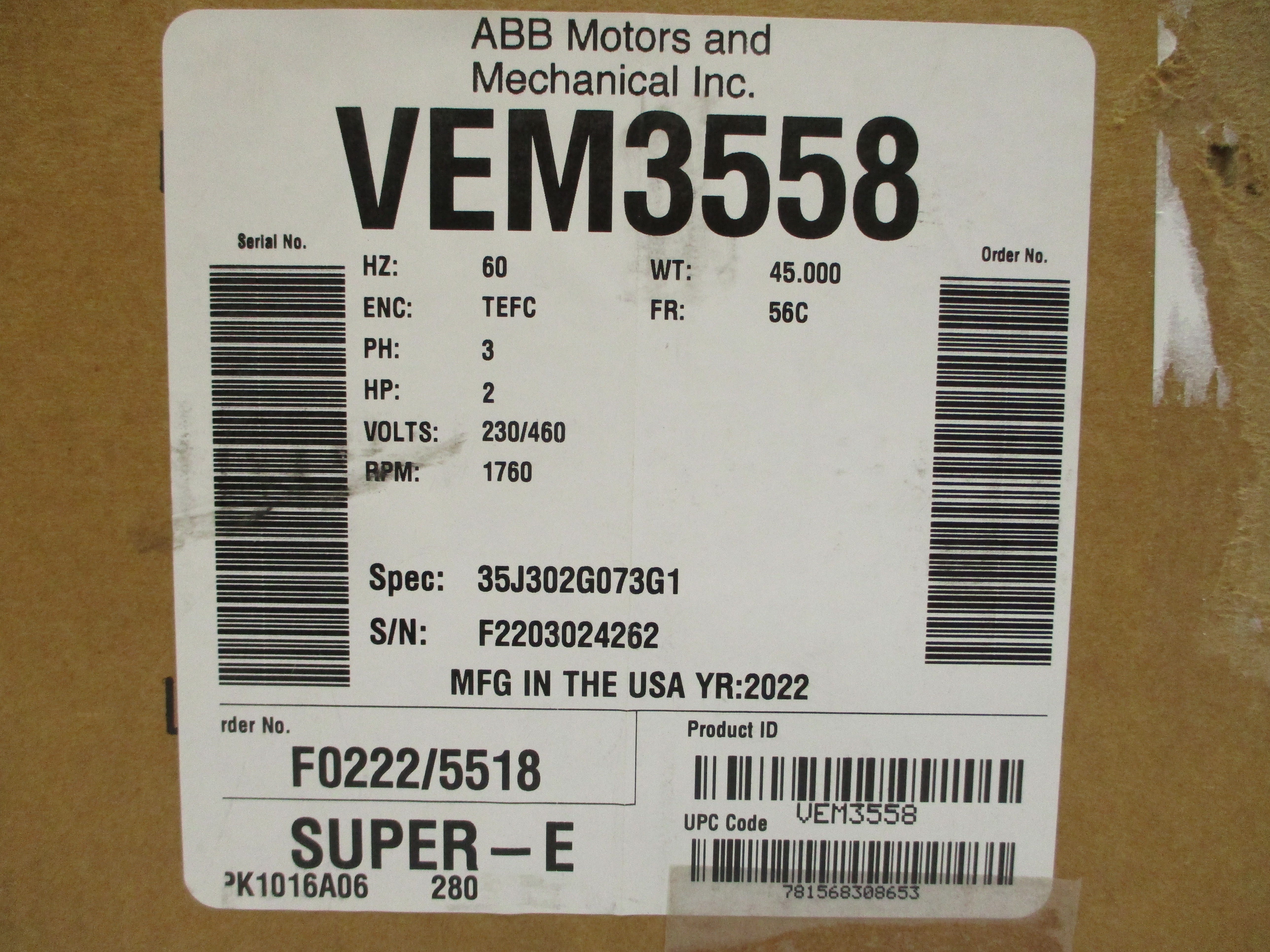 BALDOR VEM3558 35J302G073G1 230/460V 5.6/2.8A NSMP