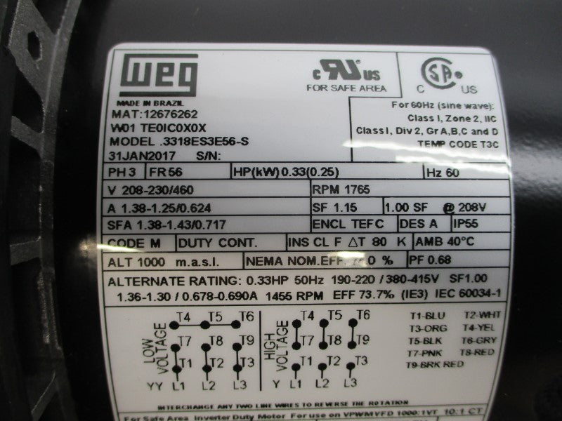 WEG 12676262 .3318ES3E56-S 208-230/460V 1.38-1.25/0.624A NSMP