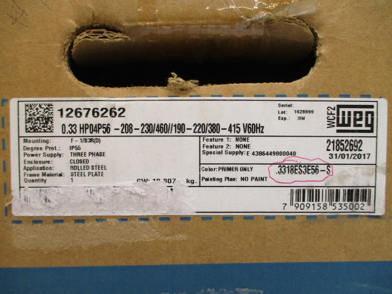 WEG 12676262 .3318ES3E56-S 208-230/460V 1.38-1.25/0.624A NSMP
