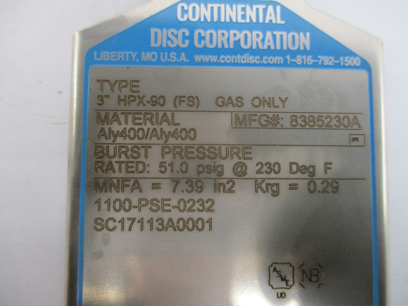 CONTINENTAL DISC 8385230A HPX-90 51.0PSI 3" NSMP