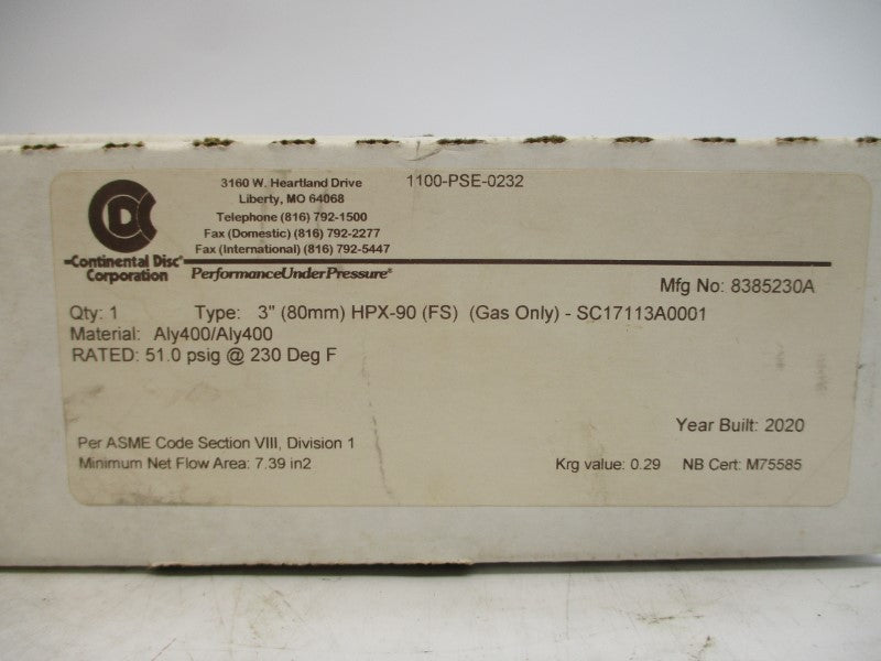 CONTINENTAL DISC 8385230A HPX-90 51.0PSI 3" NSMP