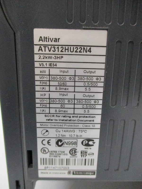 SCHNEIDER ELECTRIC ATV312HU22N4 380-500V 8.9A (AS PICTURED) UNMP