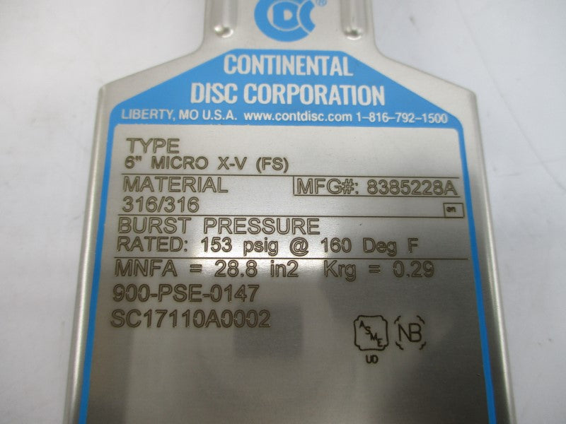 CONTINENTAL DISC 8385228A MICROX-V(FS) 153PSI 6" NSMP