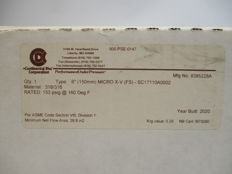 CONTINENTAL DISC 8385228A MICROX-V(FS) 153PSI 6" NSMP