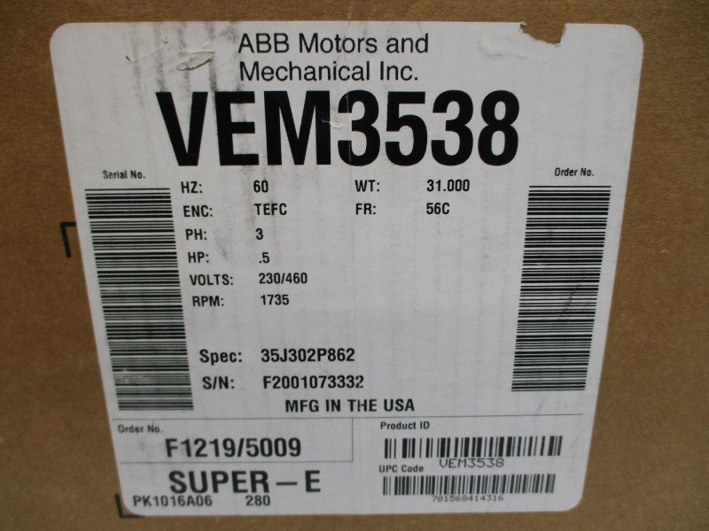 BALDOR VEM3538 35J302P862 230/460V 1.54/.77A NSMP