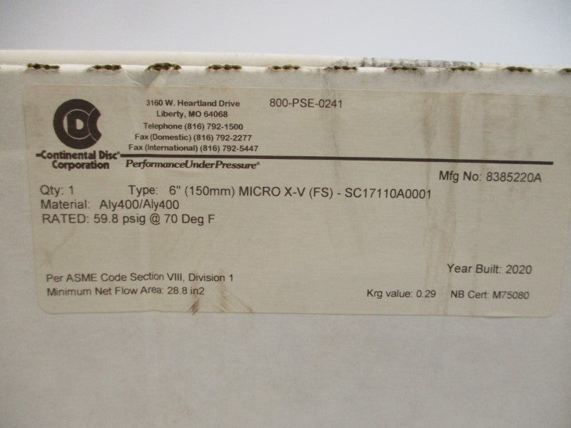 CONTINENTAL DISC 8385220A MICROX-V(FS) SC17110A0001 59.8PSI 6" NSMP