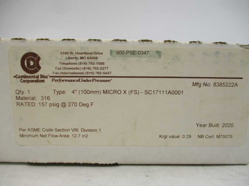 CONTINENTAL DISC 8385222A MICROX(FS) SC17111A0001 157PSI 4" NSMP