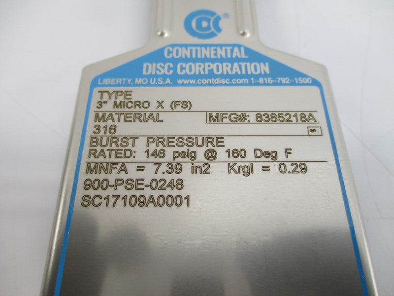 CONTINENTAL DISC 8385218A MICROX(FS) SC17109A0001 146PSI 3" NSMP