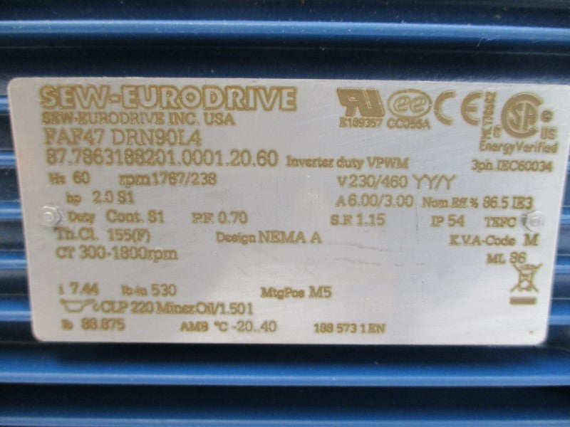 SEW-EURODRIVE FAF47DRN90L4 230/460V 6.00/3.00A NSNP