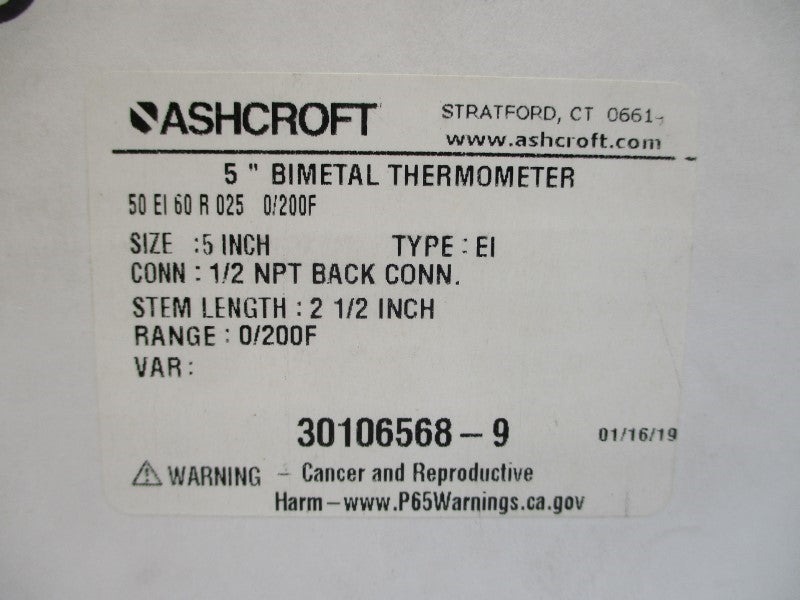 ASHCROFT 50EI60R025 0/200'F 2-1/2" NSMP