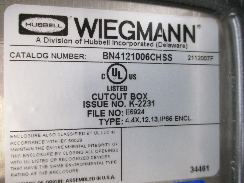 WIEGMANN BN4121006CHSS 12X10X6 NSMP