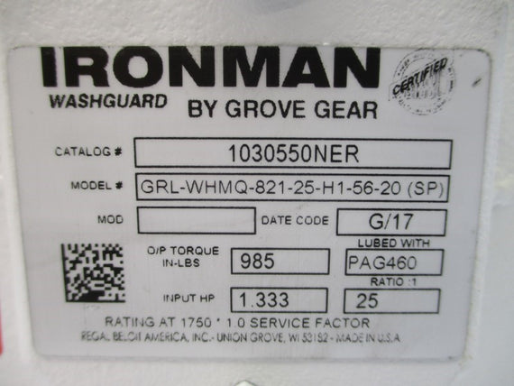 GROVE GEAR 1030550NER GRL-WHMQ-821-25-H1-56-20(SP) NSMP